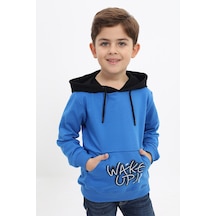 Toontoy Kids Toontoy Erkek Çocuk Relax Fit Kapüşonlu Cepli Renk Bloklu Baskılı Sweatshirt - 2 İplik Saks
