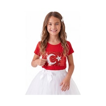 Onloox Kız Çocuk Kırmızı Kız Çocuk Kırmızı Pamuklu Penye Bisiklet Yaka Tam Kalıp Pullu Ay Yıldız Detaylı Tişört 4-14 Yaş KIrmızı