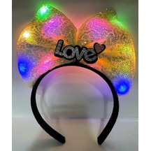 Genel Led Işıklı 3 Farklı Fonksiyonda Yanan Gümüş Love Yazılı Sarı Fiyonk Taç 20x17 Cm