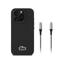 Apple Uyumlu iPhone 16 Pro Max Kılıf Lacoste Lisanslı İkonik Timsah Dokuma Logolu Kapak + Type-c Kablo 1.5m Siyah