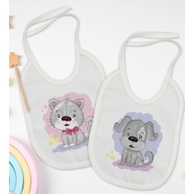 BK Kids Sevimli Kedi ve Köpek Tasarımlı 2’li Beyaz Mama Önlüğü-1 Beyaz