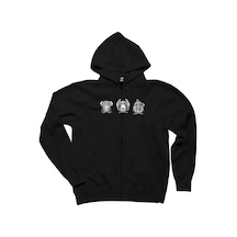 Three Monkeys Cartoon Siyah Fermuarlı Kapşonlu Sweatshirt Siyah