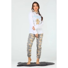 İpek Ayıcık Desenli Uzun Kollu Kadın Pijama Takımı Gri Gri - Ekru