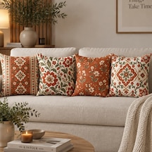 4'lü Kiremit Krem Vintage Çiçek Ve Etnik Desenli Dekoratif Kırlent Kılıfı Seti - Çift Taraflı 43x43 Cm Kiremit Kırmızısı