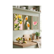 Doğal Ahşap Çerçeveli Yeşil Pembe Limon Temalı Duvar Tablosu 3 Lü Set Ördek Ve Meyve Desenli Modern Dekorasyon Kabartma Görünümlüdür Bej
