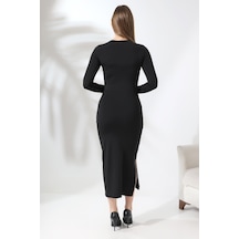 Gugus Trend Kadın Siyah Hailey Uzun Kollu Maxi Elbise Yırtmaçlı Model Ssiyah