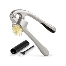 Sarımsak Presi - Silikon Sarımsak Soyucu Ve Temizleme Fırçası Dahil - 3 Parça - Sağlam Kolay Temizlenen Sarımsak Ezici Gümüş Siyah