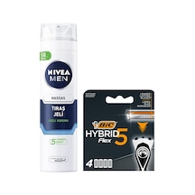 Men Hassas Tıraş Jeli 200 Ml + Bıc Hybrid 5 Flex 4'lü Yedek Tıraş Bıçağı Kartuşu 5 Bıçak