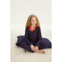 Sevim Kız Çocuk Uzun Kol Gömlek Yaka Önden Düğmeli Lacivert Pijama Takım C0t1n7o8 001