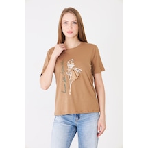 Sortie Collection Eteği Tül Detaylı Silüet Baskılı Basic Tshirt Kapiçino Açık Kahverengi