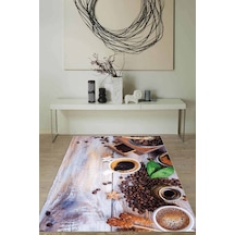 Kahverengi Kaymaz Tabanlı Coffee Temalı Mutfak Halısı Mt29n11
