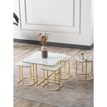 Pelikan 4+1 Beyaz Temperli Cam Gold Metal Ayak Takım Sehpa Sedaş Living Units Sehpa Pelikan 4+1 Beyaz Temperli Cam Gold Metal Ayak Takım Sehpa Sedaş Living Units Sehpa