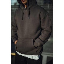 Erkek 3 İplik Pamuklu Kapüşonlu Basic Sweatshirt Hoodie - Füme