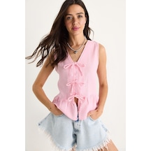 Shade Kadın V Yaka Fiyonk Detaylı Müslin Peplum Bluz G28-4883 60283356 - Pembe