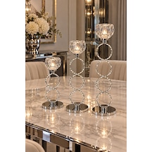 Modern 3 Lü Krom Dekoratif Şamdan Mumluk Seti 32 -26-22cm Gümüş Gümüş