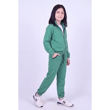 Fyk Kids Kız Çocuk Dik Yaka Fermuarlı Beli Bağcıklı Lastik Paça Eşofman Takımı Yeşil