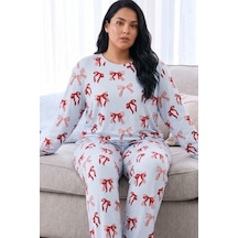 Siyah İnci Desenli Termal Kumaşlı Ultra Soft Yumuşak Büyük Beden Battal Boy Örme Pijama Takımı 26226719 Mavi