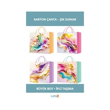 Şık Büyük Boy İpli Karton Çanta Renkli Pastel Motiflerle Hediye Sunumu İçin