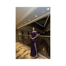 Khi-zai Kadın Modern Stil Kare Yaka Yırtmaçlı Kısa Kollu Abiye Elbise Mor