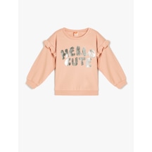 Koton Fırfırlı Sweatshirt Baskılı Uzun Kollu Bisiklet Yaka Şardonlu Pamuklu Pembe 5wmg10157ak Gülkurusu