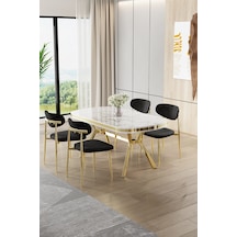Canisa Olya Serisi 90x168 Lak Panel Beyaz Mermer Desen Masa Takımı Gold Ayaklı 4 Siyah Sandalye Masa Beyaz Mermer Siyah Sandalye