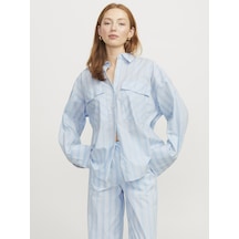 Kadin Çizgili Gömlek - Ava - 12269669 Cashmere Blue Mavi