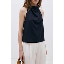 Suud Collection Lacivert Gabriel Halter Yaka Keten Bluz
