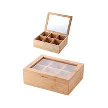 Lexroo Bambu 6 Bölmeli Çay Kutusu -%100  Bambu Mıknatıslı Kapak 21x16,5 X7cm Çok Renkli