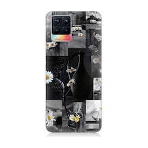 Realme 8 Uyumlu Siyah Beyaz Çiçekler Desenli Silikon Kılıf