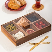 Porsima 76748 Akasya 6 Bölmeli Kapaklı Ahşap Bambu Çerezlik Sunumluk Saklama Kabı Ahşap