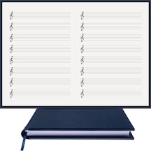 Müzik Nota Defteri - Sol Anahtarlı, Sol Kesik Çizgili % 100 El Yapımı, El Dikişi, İplik Dikiş Termo Deri A/5 - Lacivert