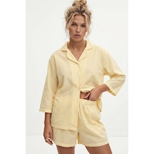 Siyah İnci Düğmeli İnce Soft Örme Şortlu Pijama Takımı 8054 sari