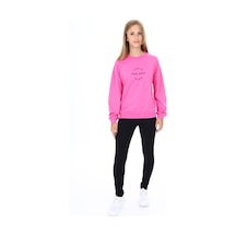 Toontoy Kids Toontoy Kız Çocuk 2'li Takım Baskılı Bisiklet Yaka Düşük Omuz Sweatshirt & Basic Düz Tayt Fuşya