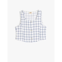 Koton Kare Yaka Ekose Desenli Kolsuz Crop Tüvit Yelek Mavi Ekose 5skg20019aw Mavi Ekoseli Mavi