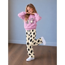Sevimli Baskılı Şeker Pembe Sweatshirt & Desenli Eşofman Altı Kız Çocuk Alt Üst Takım