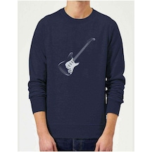 Gitar Baskılı Indigo Mavi Lacivert Erkek Örme Sweatshirt