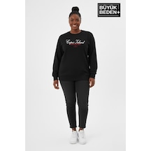 Süperlife Kadın Büyük Beden Capri Island Baskılı Bisiklet Yaka İnce Sweatshirt Spr26bswk956-14 Siyah
