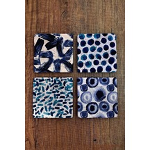 Doğal Taş Bardak Altlığı 4'lü Set - Mavi Desenler - Stone Coasters Çok Renkli