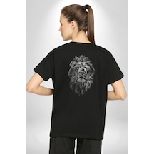 Aslan Karizma Sert Bakış Pamuklu Unisex Oversize Sırt Dijital Baskılı Siyah T-shirt Siyah
