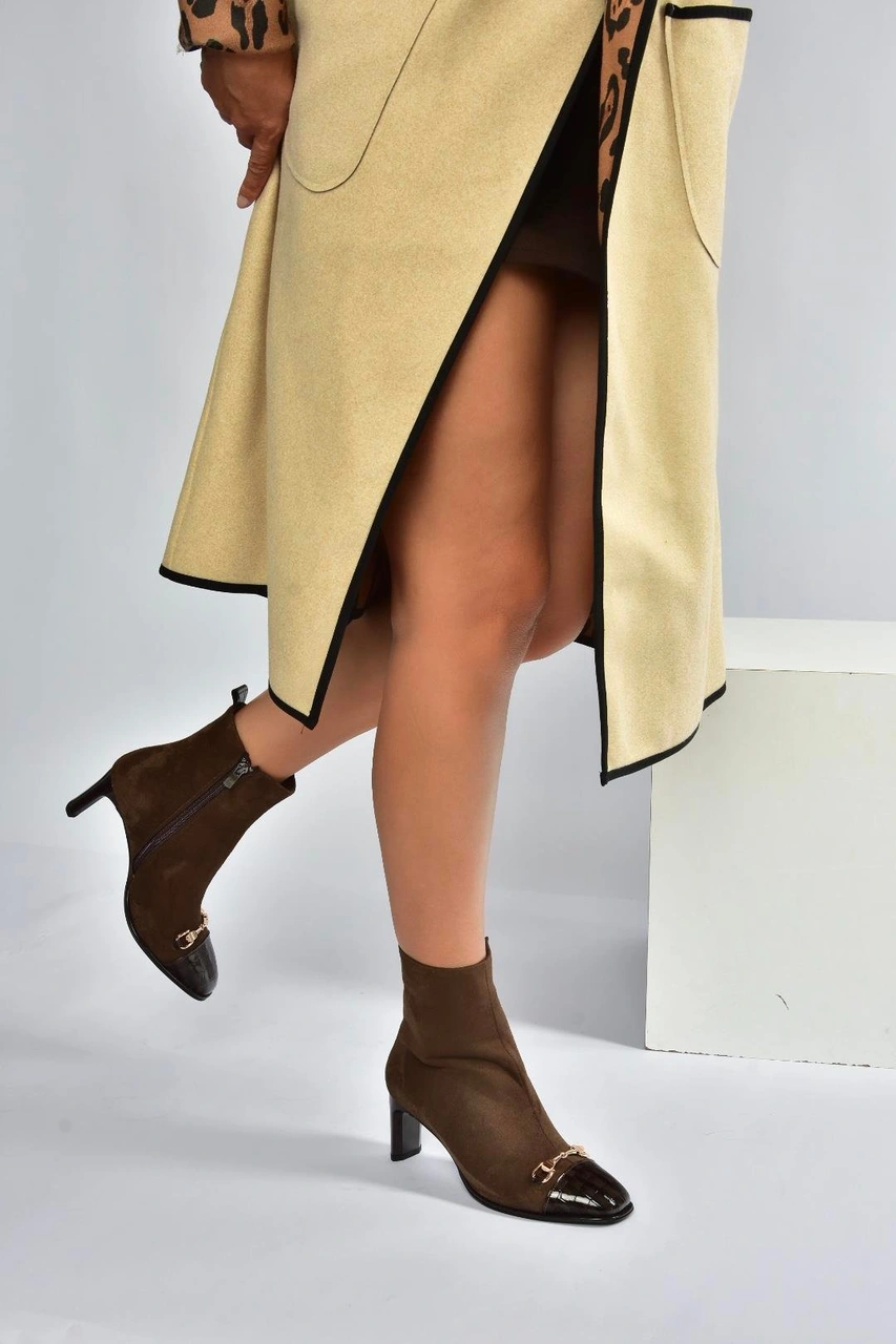 V820284602 Kahverengi Süet Kalın Topuklu Kadın Bot Kahverengi-süet