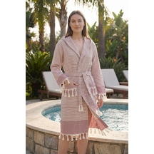 Kapşonlu Unisex Peştemal Plaj Bornozu %100 Pamuklu Seaside Stripe Bordo