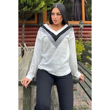 WeShaya Kadın Ekru Uzun Kollu V Yaka Color Block Pamuklu Bluz Sweatshirt Ekru