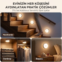 Günışığı Kablosuz Şarjlı Sensörlü Spot Işık 3'lü Set - Yapışkanlı Merdiven, Gardırop, Tezgah Altı Ve Başucu Aydınlatması