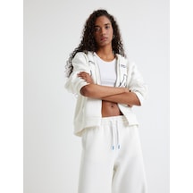 Koton Kapşonlu Oversize Sweatshirt Fermuarlı Baskılı Cepli Beyaz 5wak10010uk Beyaz