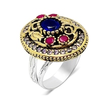 Safir Kök Yakut Zümrüt Ve Zirkon Taşlı Yüzük Otantik Gümüş Bayan