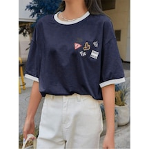 Uncool Lacivert Gövde Beyaz Biyeli T-shirt - Oversize Bisiklet Yaka Kısa Kol Tişört Lacivert Beyaz