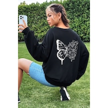 Unisex Drawing Butterflies Baskılı Bisiklet Yaka Sweatshirt Siyah