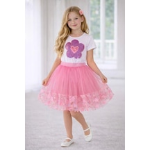 Dıgıl Kids Kız Çocuk Kalp Ve Çiçek Desenli T-shirt Etek Takım Pembe