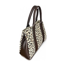 Leopar Desenli Deri Omuz Çantası, Kahverengi Detaylı, Fermuarlı Leopar