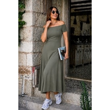 Efnaz Style Kadın Omuzlardan Açık Lastikli Uzun Viskon Elbise Yeşil